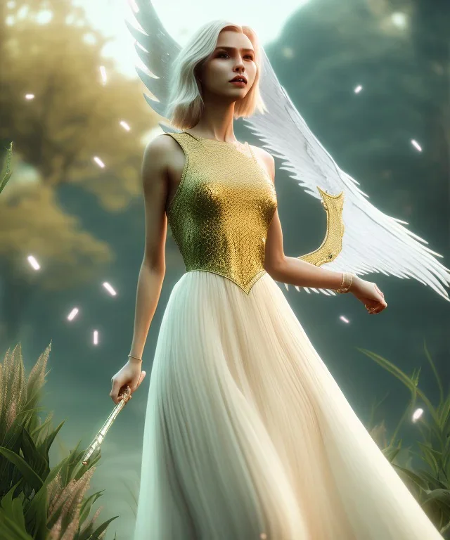 subtle queen, atmospheric, realistic, unreal engine, cinematic lighting, octane render, transparent long dress, blonde, full body, bright wings, smile, long hair