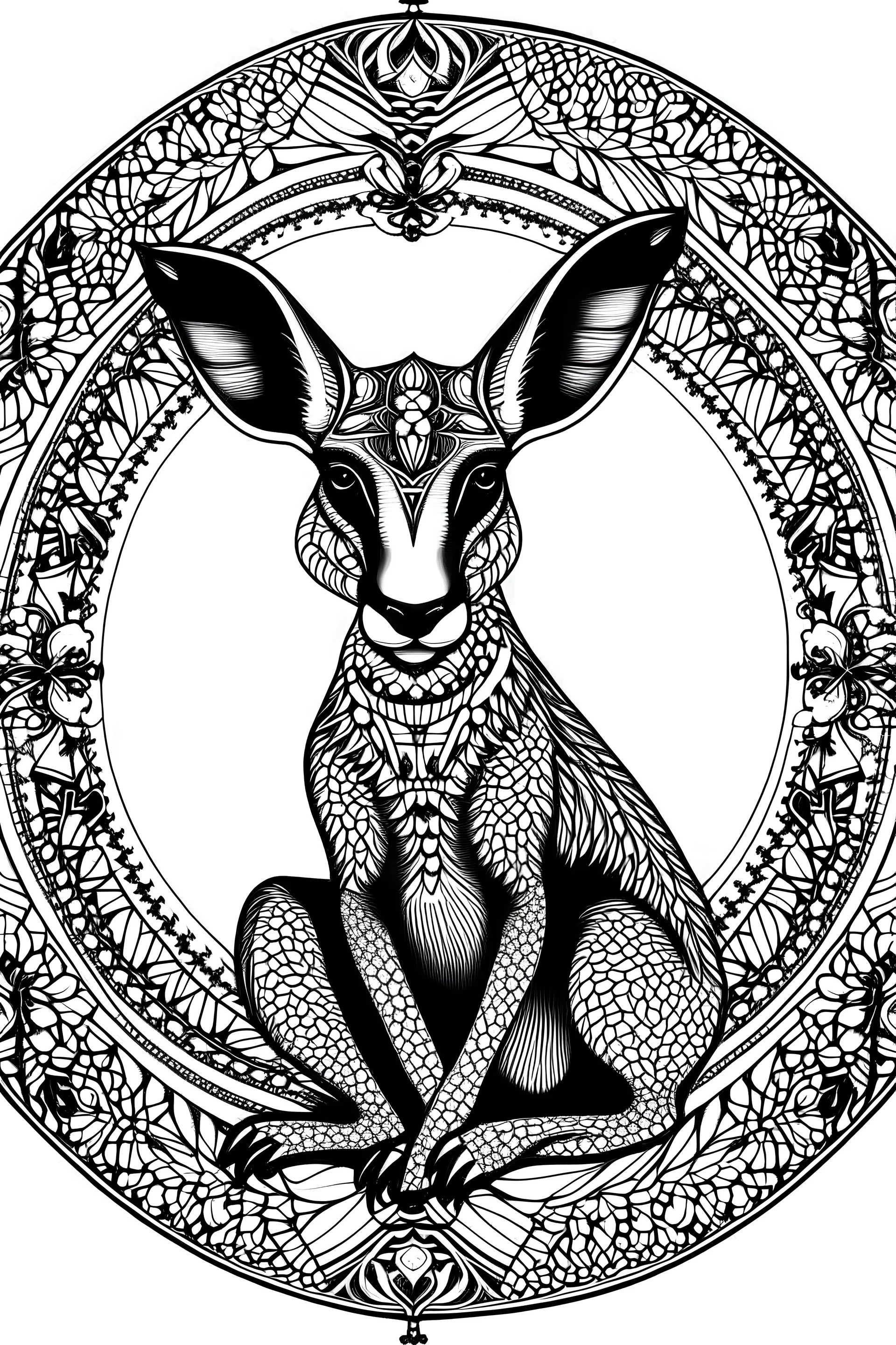 mandala kangaroo : black and white with white background.