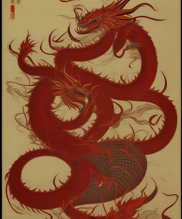 Ukiyo-e style art, red dragon