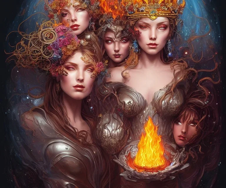 Four doll divine representing each one the four elements: Fire: Earth: Air: Water. Mark Brooks and Dan Mumford, comic book art, perfect, smooth elemental galactic space core royalty queens crown. Detailed photograph, WLOP, Unreal Engine 5 volumetric lighting Insanely intricate face hair lashes hyper detailed painting by Ismail Inceoglu Huang Guangjian and Dan Witz Central fantasy art album cover art resolution HD