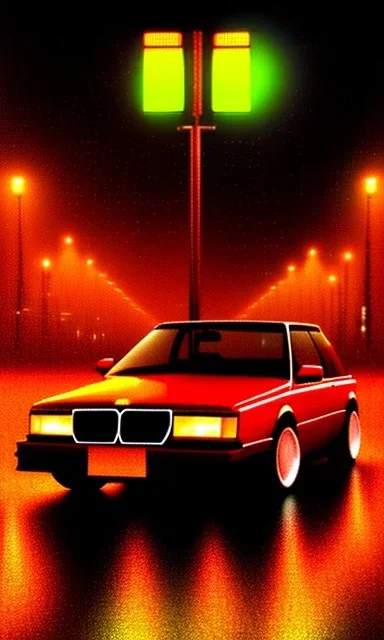 A 1990s car standing in front of a red traffic light, empty street, Cairo, 1990s, night time, rain, winter, movie scene Nick Harris style