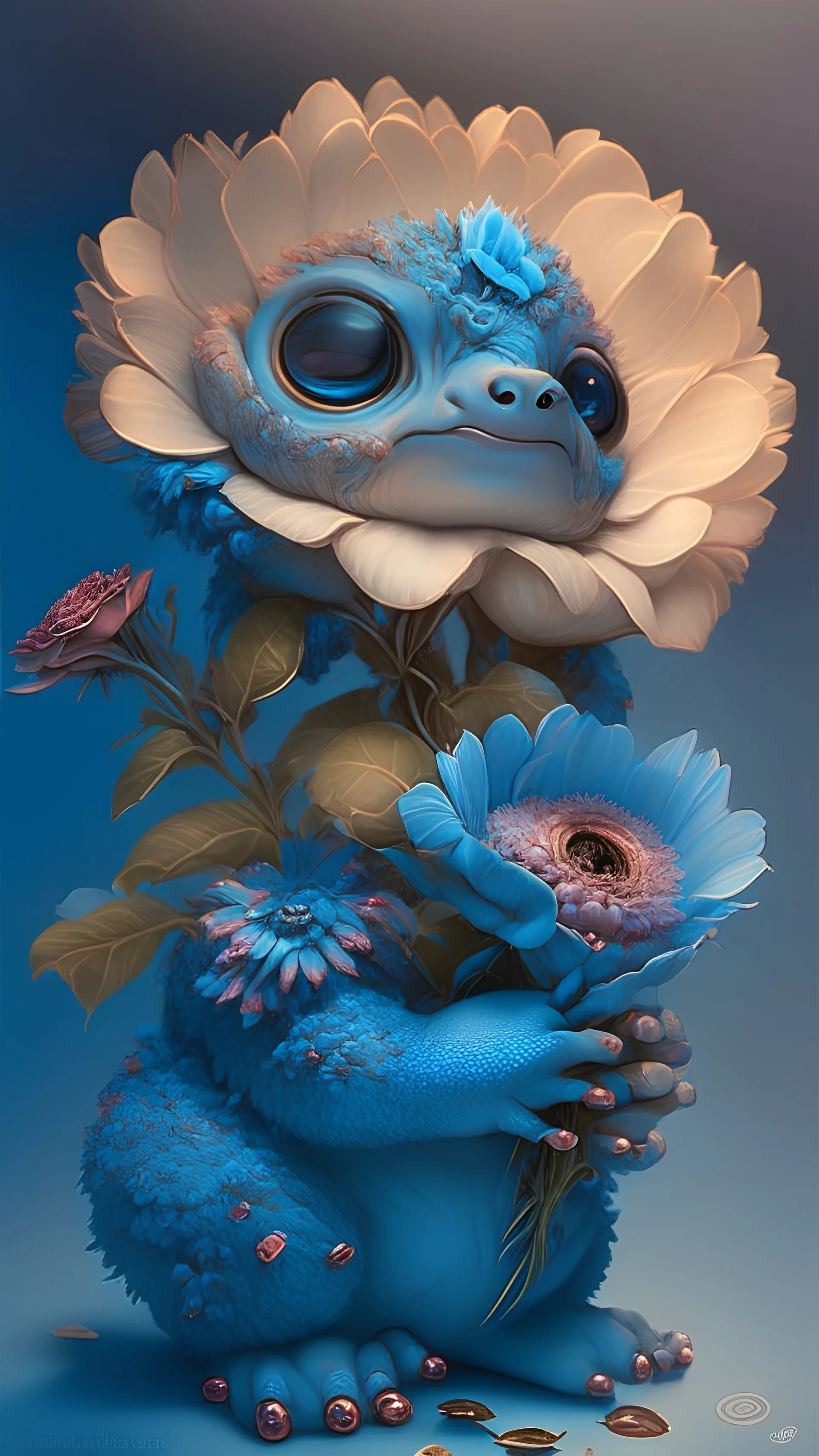 "Extremely Ultrarealistic Photorealistic cute creature holding a flower, by James Jean and Android Jones: Jeff Koons: Erin Hanson: Joe Fenton: Dan Mumford: professional photography, natural lighting, volumetric lighting maximalist photoillustration 8k resolution concept art intricately detailed, complex, elegant, expansive, fantastical:"