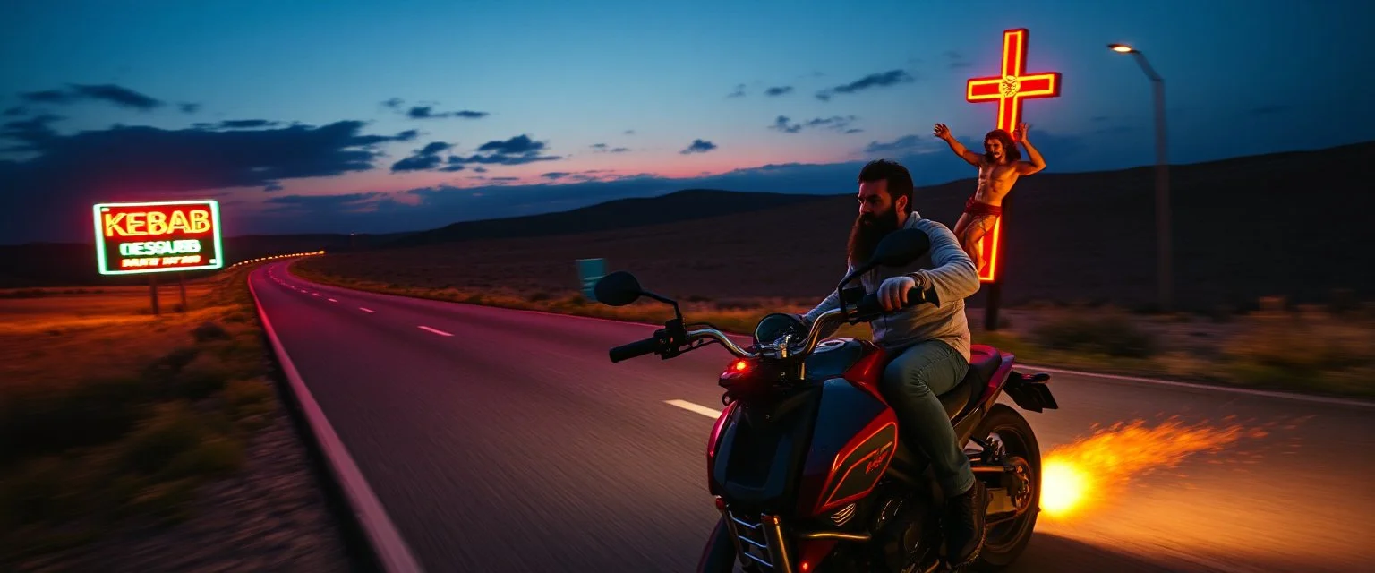 The kebab man driving fast on his motorcycle, fire from the exhaust, widescreen picture, empty road on the country at night, comic style, no helmet and he have a long black beard, neon kebab signs along the road, jesus at his cross