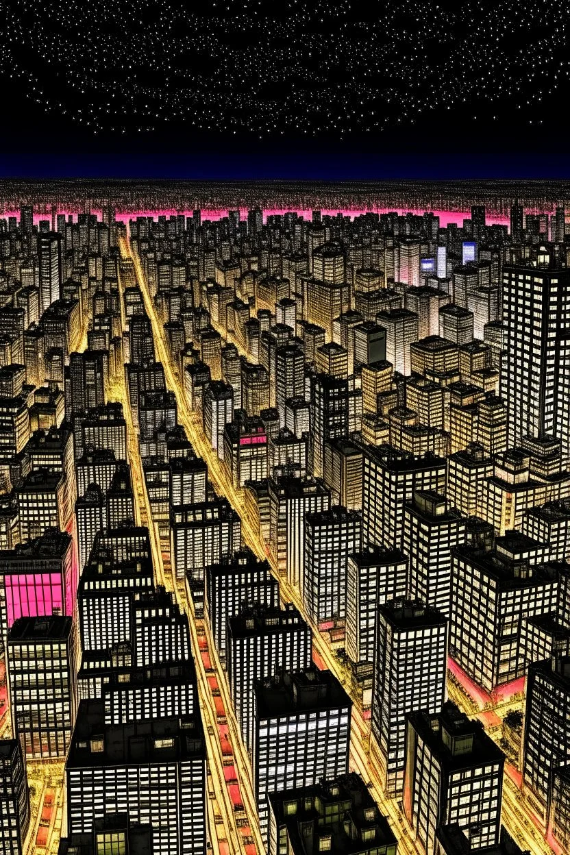 looking down on tokyo at night in the style of hiroku ogai