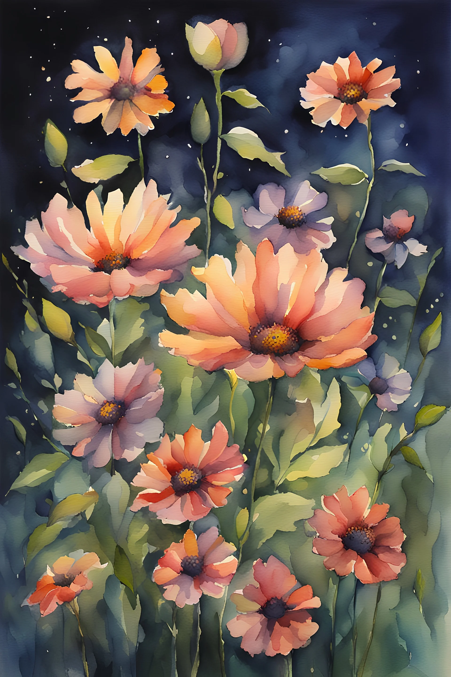 Night, flowers, watercolor paintings