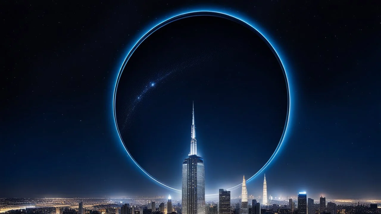 a city scape with skyscapers in a bdarkblue stary sky at background ,with a huge vertiacal ring structure like a lens zoom on midle-city