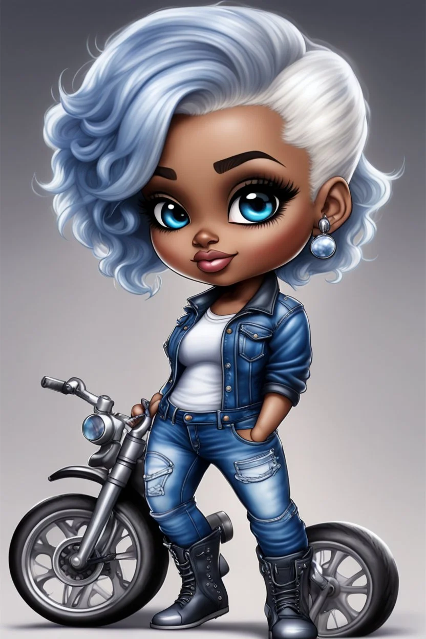 create an airbrush illustration of a chibi cartoon voluptuous black female wearing a blue jean outfit with biker boots. Prominent make up with hazel eyes. Extremely highly detail of a very low platinum blonde pixie haircut. Background of a bike show.