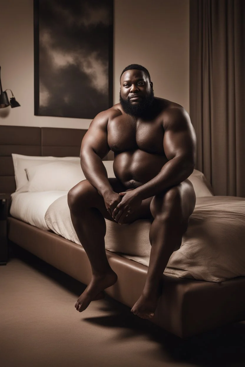 full body shot photography of a muscular chubby nigerian burly ugly 36 year old man, black beard, shirtless, manly chest, bulging pants, barefoot , sitted on the bed with big legs in an elegant bedroom at night, dim side light, photorealistic, ambient occlusion, frontal view