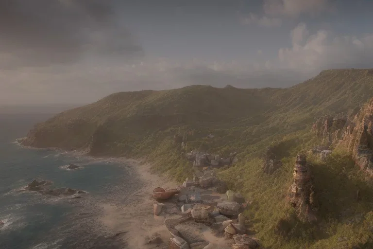 Craggy cliffside overlooking a sandy beach, fantasy, day time, light,mystical, town in the distance