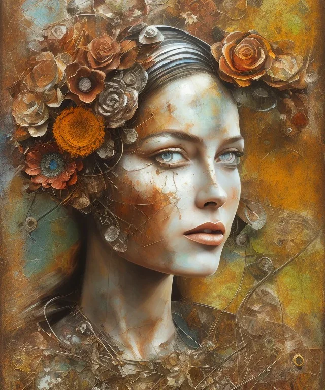  an abstract painting of rusted metal and flowers, african portrait, rust, scaffolding, iron cladding, decay, mixed media, textured, anatomically correct, beautiful perfect face, sharp focus, highly detailed