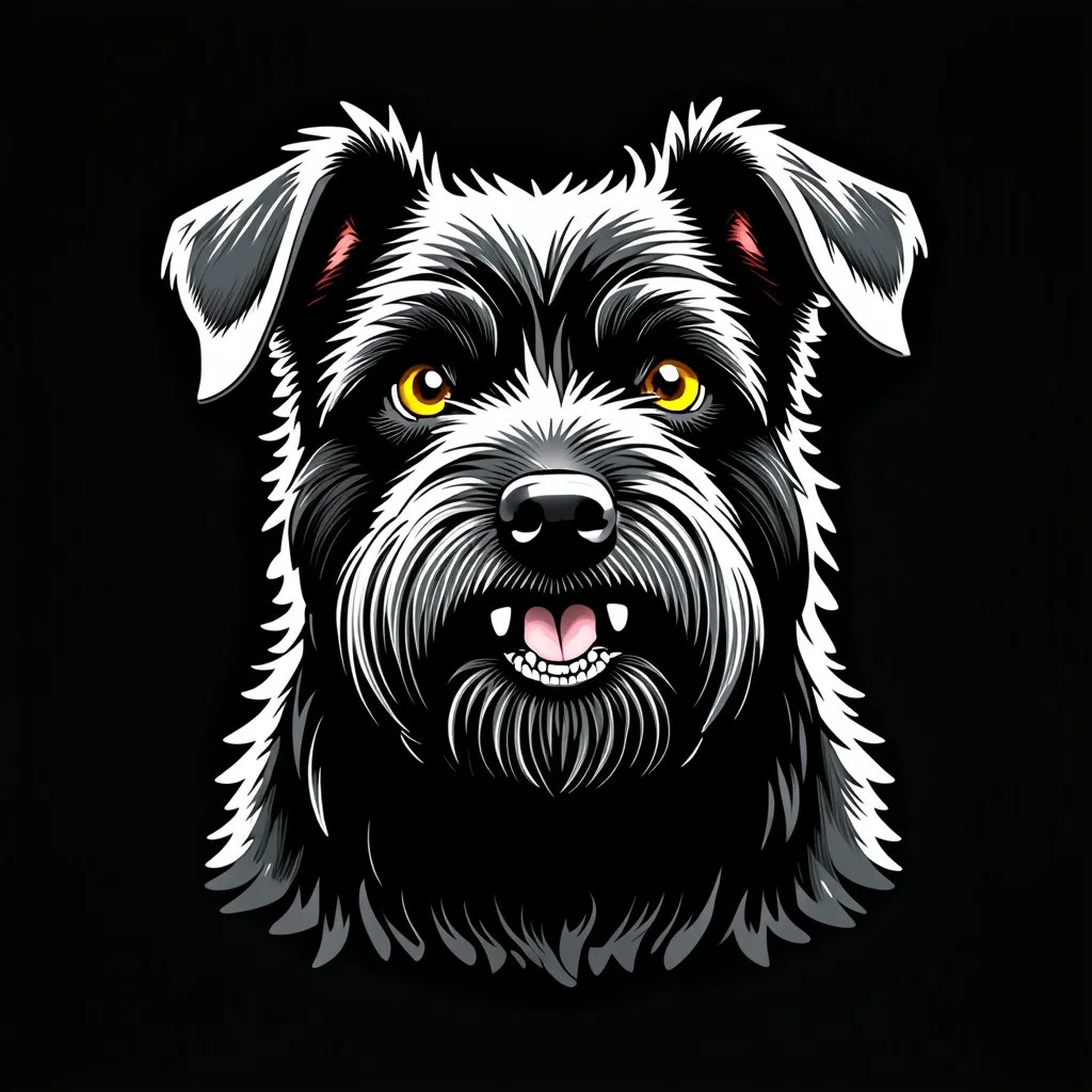 head of an angry scruffy black terrier on black background, yellow eyes, defined teeth, turnedside, illustration