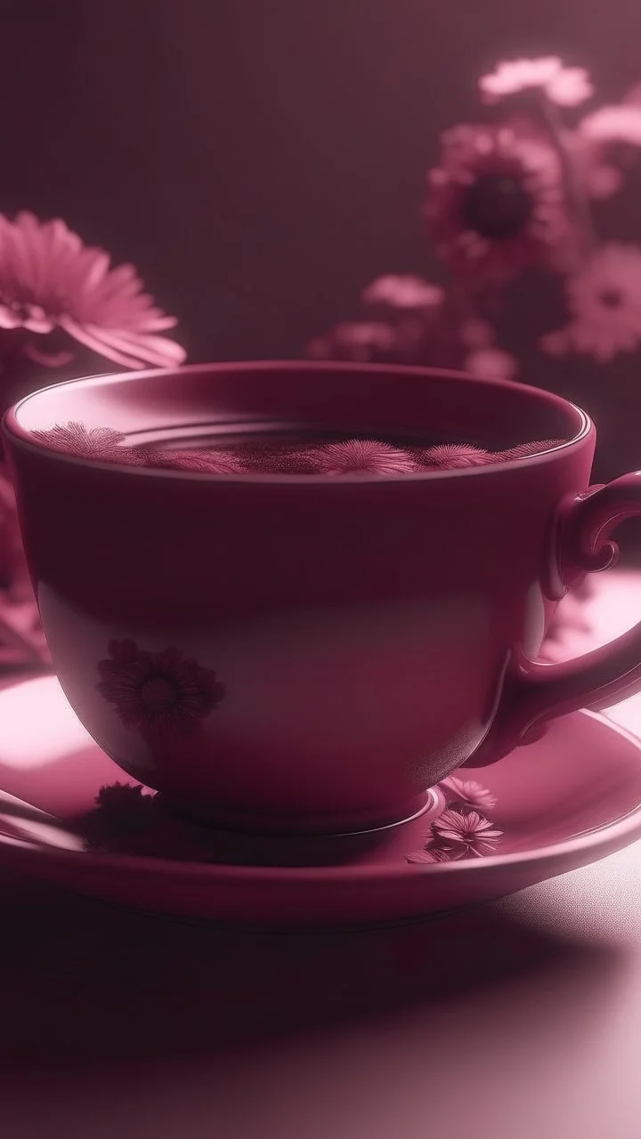 a cup of tea with a cup of flowers, in the style of light magenta and brown, monochromatic masterpieces, 32k uhd, refined aesthetic sensibility, soft yet vibrant, caffenol developing, barbiecore —ar 10:13 —s 750