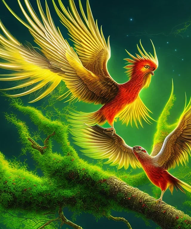 a detailed illustration of a black and green red yellow phoenix sitting on a branch of a tree, phoenix bird wallpaper, luminescent body, glinting wings, full body, symmetrical body, realistic, glowing wings, sharp focus, meticulously detailed, soft evening sky, 64k