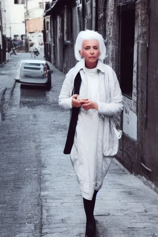 a woman white hair luxury stlye in a street