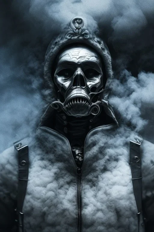 All black German soldier, head made out of white smoke, dark, rage, sorrow, high definition, ultra 8 k, volumetric lighting, blue fire, fog