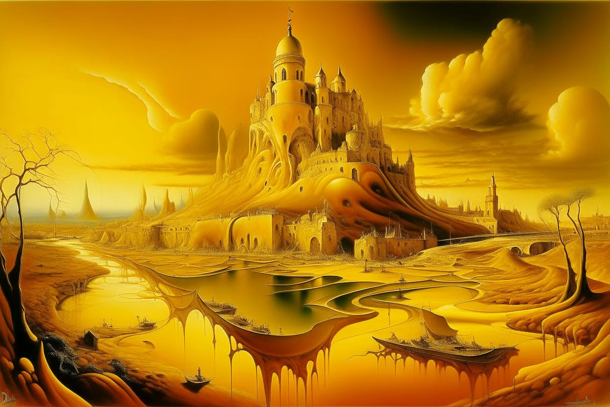 A golden yellow electrical city painted by Salvador Dali