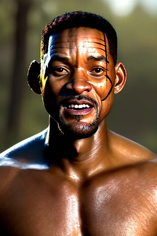 ein perfektes bild von will smith als neanderthaler,kopf portrait,realistic, indianer,gesichtsbemalung, perfect face, sharp focus, woods, kostüm, häuptling, federn,8k quality