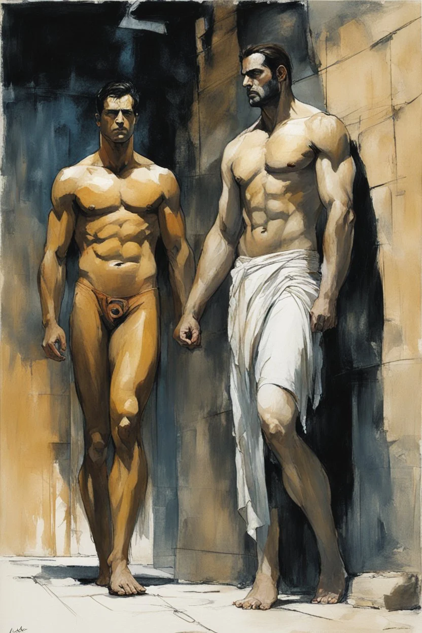 Alex Maleev, unused cover illustration, 2005: [flesh: two Archaic Greek Kouros brothers from Argos, in flesh] Kleobis and Biton, Delphi