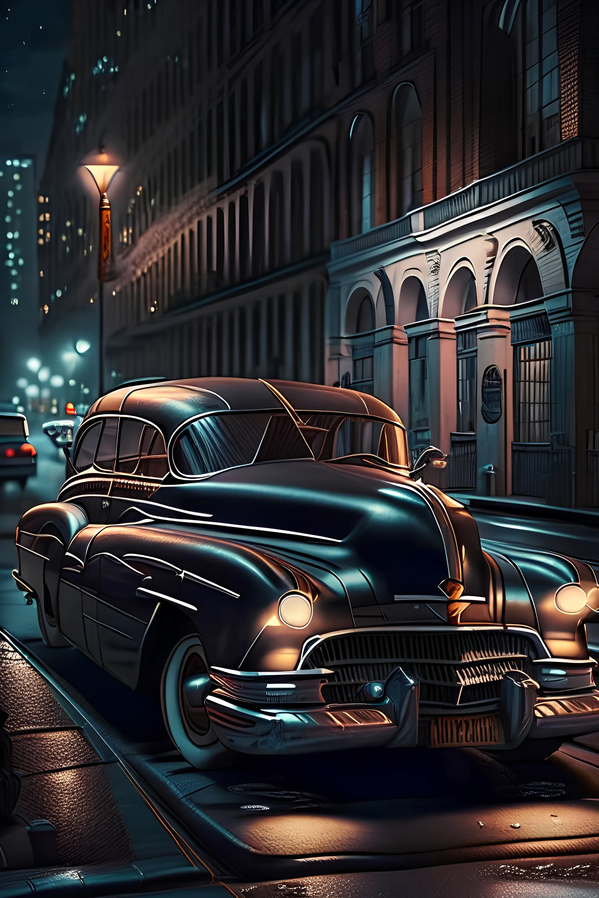 Un automóvil clásico con modificaciones estilo realista, por las calles de una ciudad en la noche
