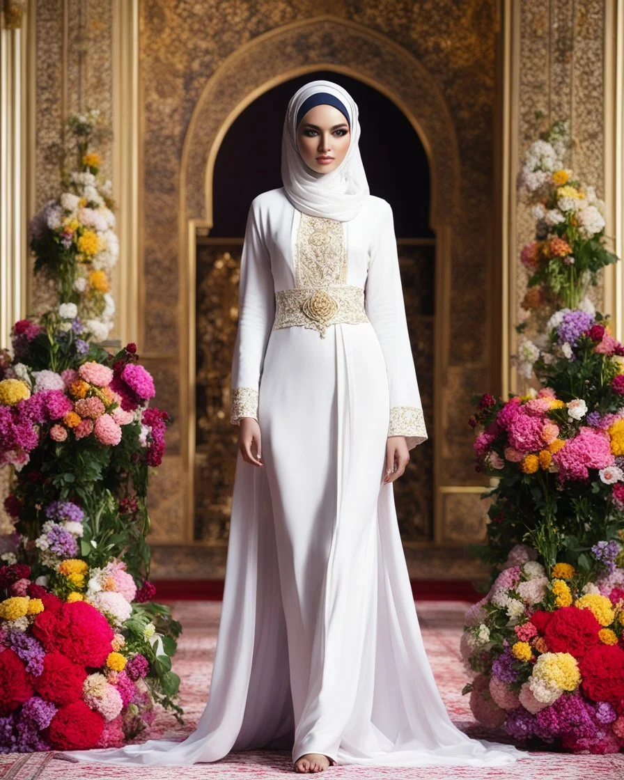 Full body Digital Photography art ,islamic fashion show cat walk gorgeous super model very beautiful woman iranian hijab ,dressing luxury design clothes gown made of flowers ,full of various kinds of flowers,digital photo sharp colors