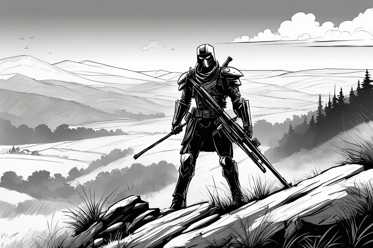 A Terminator as a sniper on a hill in the bush, his long rifle on a rock, ready to fire. Record of Lodoss War style, Linework: Expressive, expressive black ink line art with variable stroke weights. Crisp contours define silhouettes while fine hatching adds subtle depth and form.