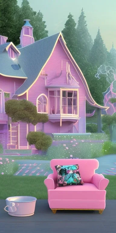 Snoop dogg. a chair. pink houses, pink sky, pink smoke, trees, outdoors