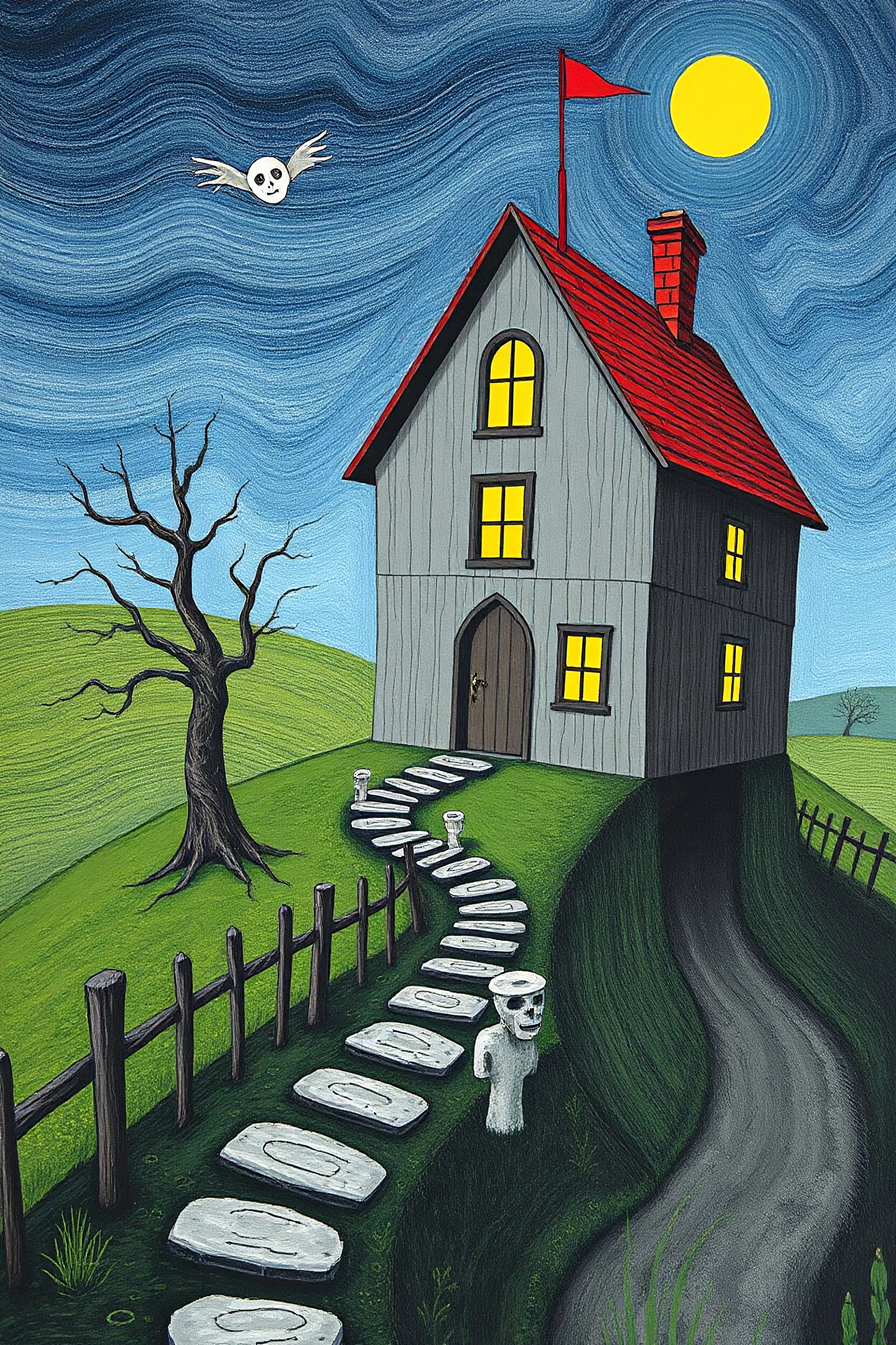 A walking house.Halowen themed.Casper flying on it.Edward Munch style