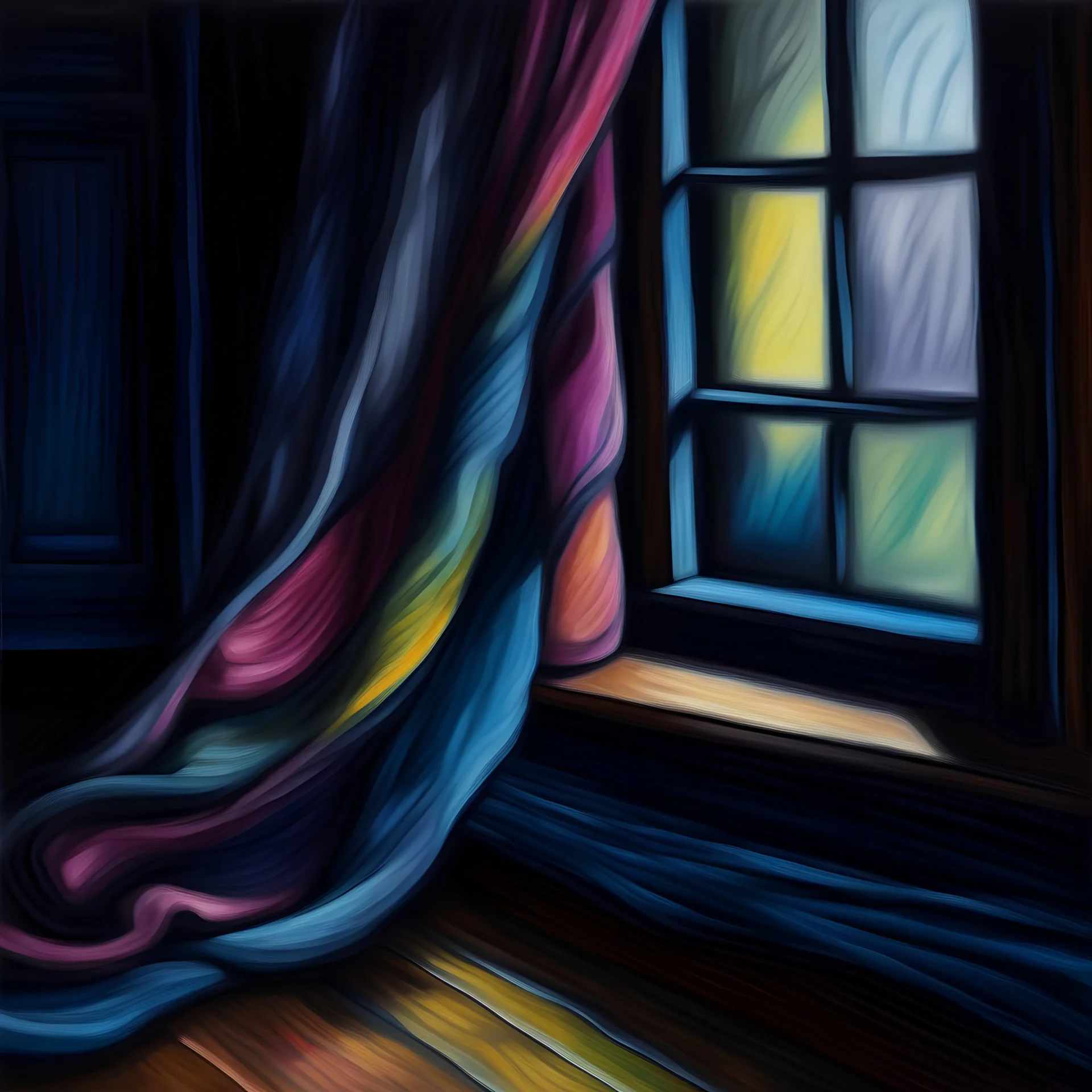 silk shadows: smooth, flowing darkness, open window oil pastel