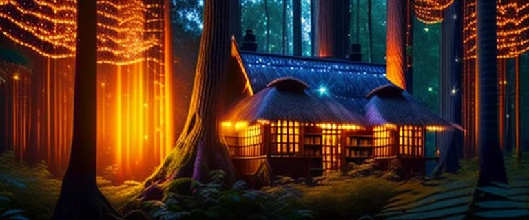 a library in forest with fireflies and orange mystic lights around trees that have wide leaves and broad trunked. Night with moon light.