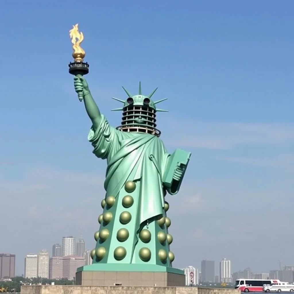 statue of a Dalek on Statin Island, with a torch, dressed as the statue of liberty