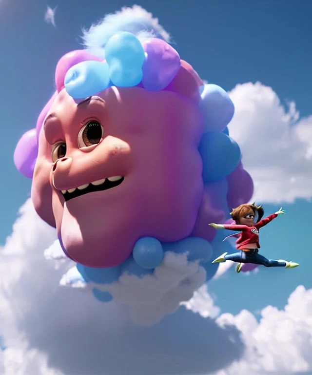 Ultra realistic clouds sky scene, wide angle, medium shot view, portrait, sweet Childs, free jumping flying, trinkets, monster hair, jelly beans, balls, smile, happy, Peter Pan style, inflatable color clothing, extreme, wind, clouds sea, 20,000 feet altitude, stratosphere, soft color, highly detailed, unreal engine 5, ray tracing, RTX, lumen lighting, ultra detail, volumetric lighting, 3d, finely drawn, high definition, high resolution.