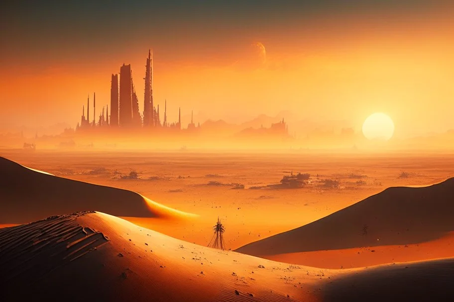 sunrise, distant city, sand, arid land, epic, sci-fi