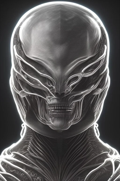 evil berserker, alien, tron, head, bitcoin eyes, 8k, finely detailed, dark light, photo realistic, hr giger