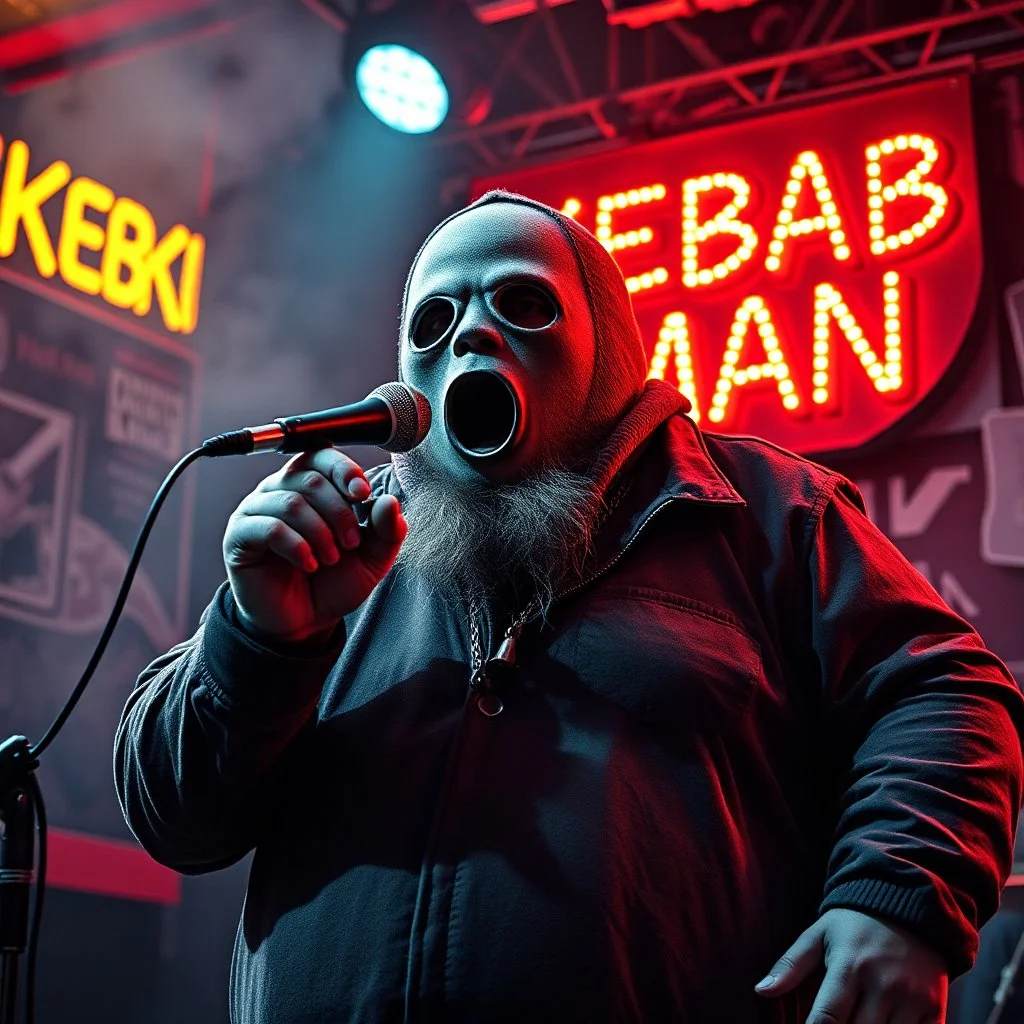 a very fat swedish man, with a skimask with only a hole for the mouth (no eyes), he is called "KEBAB MAN" performing at death metal club, his name is "KEBAB MAN" kebab rolls On stage, kebab Neon lights and smog, and "KEBAB MAN" big sign on the wall, he singing with mic, text in swedish! no translate mr. stable ai, text in swedish! no translate mr. stable ai, text in swedish! no translate mr. stable ai