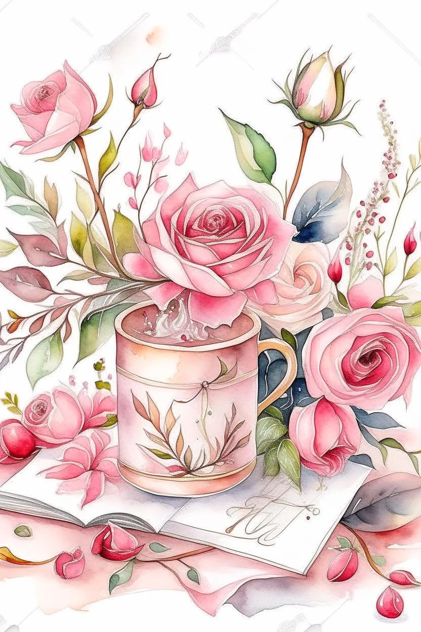 MAGIC WATERCOLOR CANDEL Pale pink roses, white Chinese peony, tiny apple blossoms, eucalyptus leaves, cranberry twigs, sprigs of copper pepper berries - all this is collected in a cute floral arrangement on a pink nickel mug. The mug stands on a thick white book with a picture in a gold cover. A sunny, bright image. Ad copy, huge copy space on top of the image, negative space, HD, 8k, blurred dreamy background,