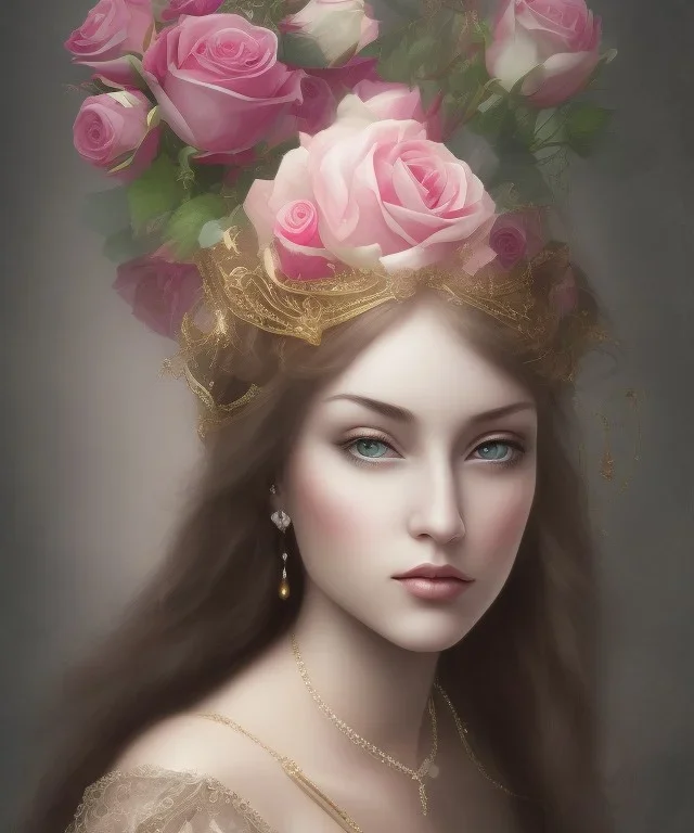 portrait borders Princess with big bobs long hairs black eyes no top with roses