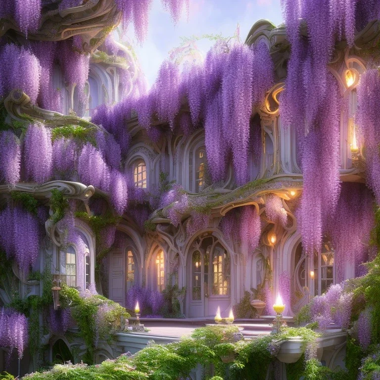 a magical flower wisteria house in the woods, pink vertical, sharp, vines, candlelit, endor, ornate, elegant, highly detailed, artstation, concept art, smooth, sharp focus, illustration, 8k, splash art, wallpaper, key visual