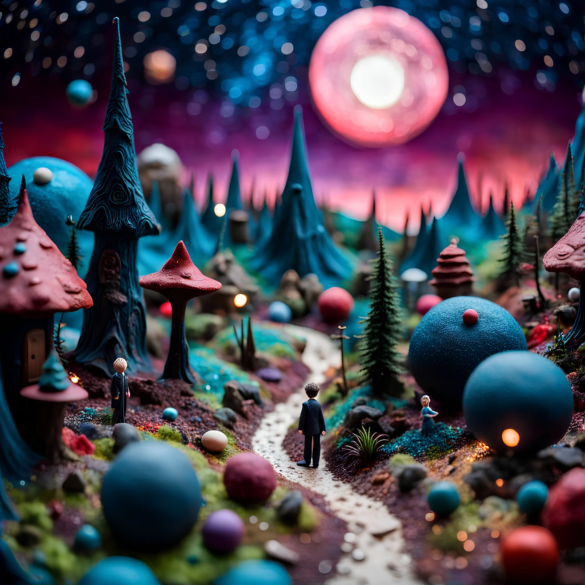 Detailed creepy landscape made of modeling clay, people, village, stars and planets, Roger Dean, naïve, Tim Burton, strong texture, Ernst Haekel, extreme detail, Max Ernst, decal, rich moody colors, sparkles, bokeh, odd, giant boy as a background