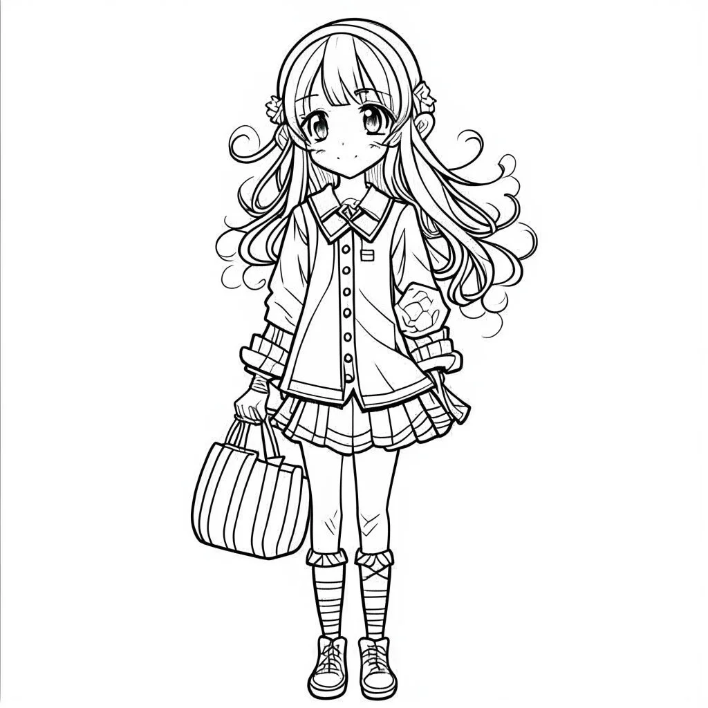 b&w lineart kawaii style fashion, minimalist style, white background, full body, picture, coloring book style on white background, well composed, clean coloring book page, No dither, no gradient, strong outline, No fill, No solids, vector illustration, –ar 9:11 –v 5