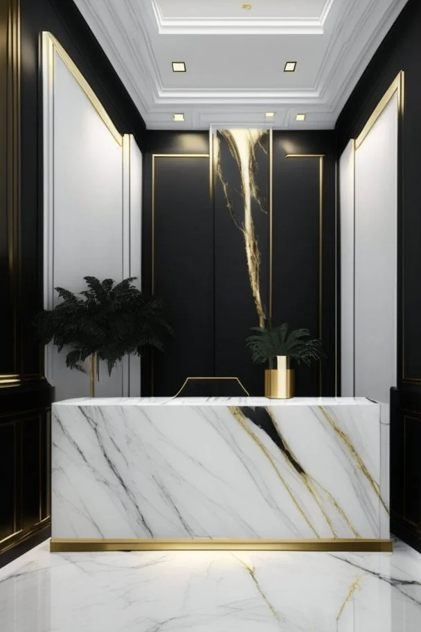 Reception room with a white marble wall with golden veins and a black reception desk