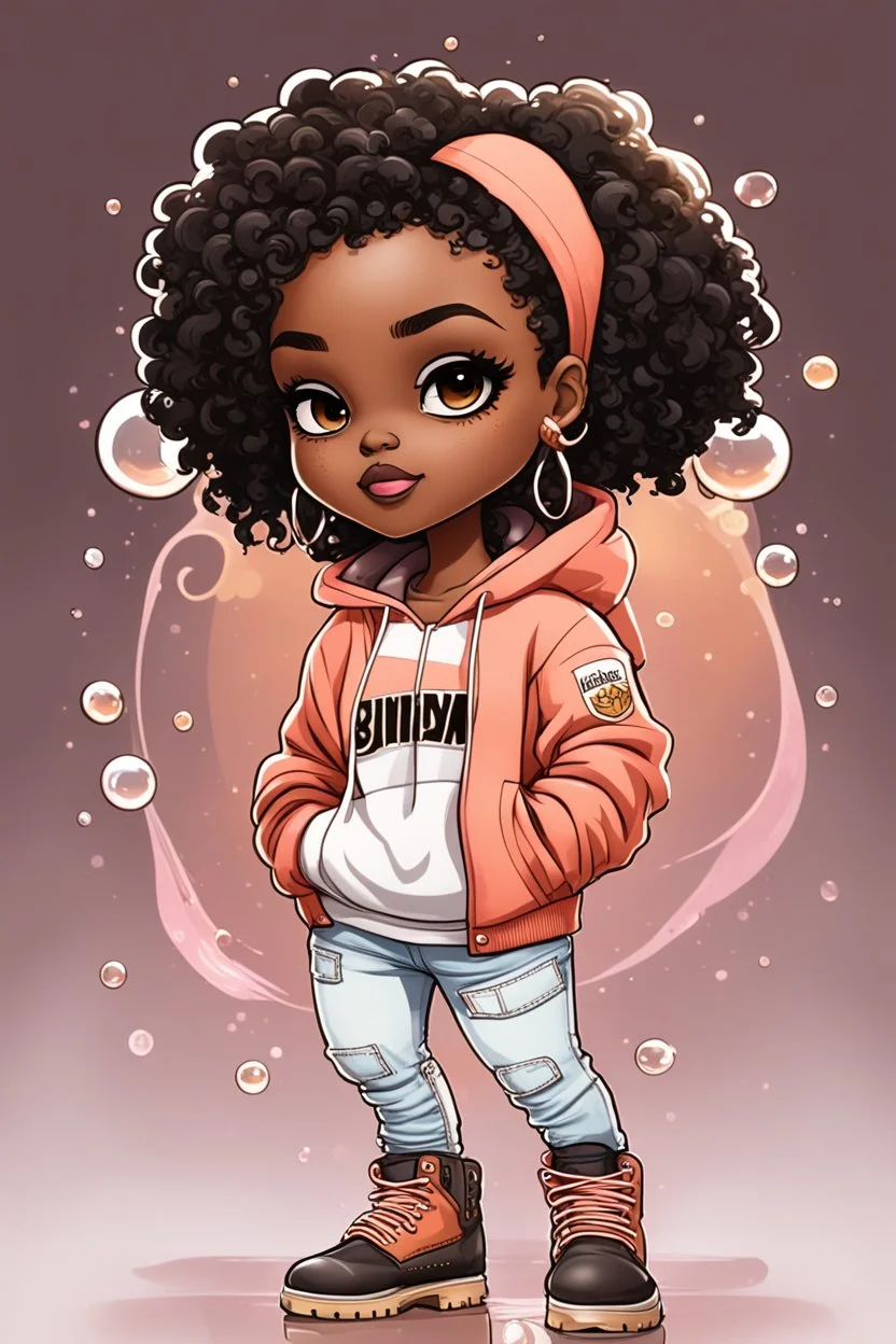 Create an colorful urban comic book illustration of a chibi cartoon black female thick curvy wearing a cut of peach hoodie and white jeans and timberland boots. Prominent make up with long lashes and hazel eyes. Highly detailed shiny sister locs. Background of a large bubbles all around her