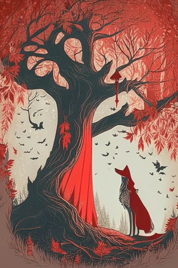 in a cosy vintage style, a beautiful witch marvels at a red tree with a wolf nearby