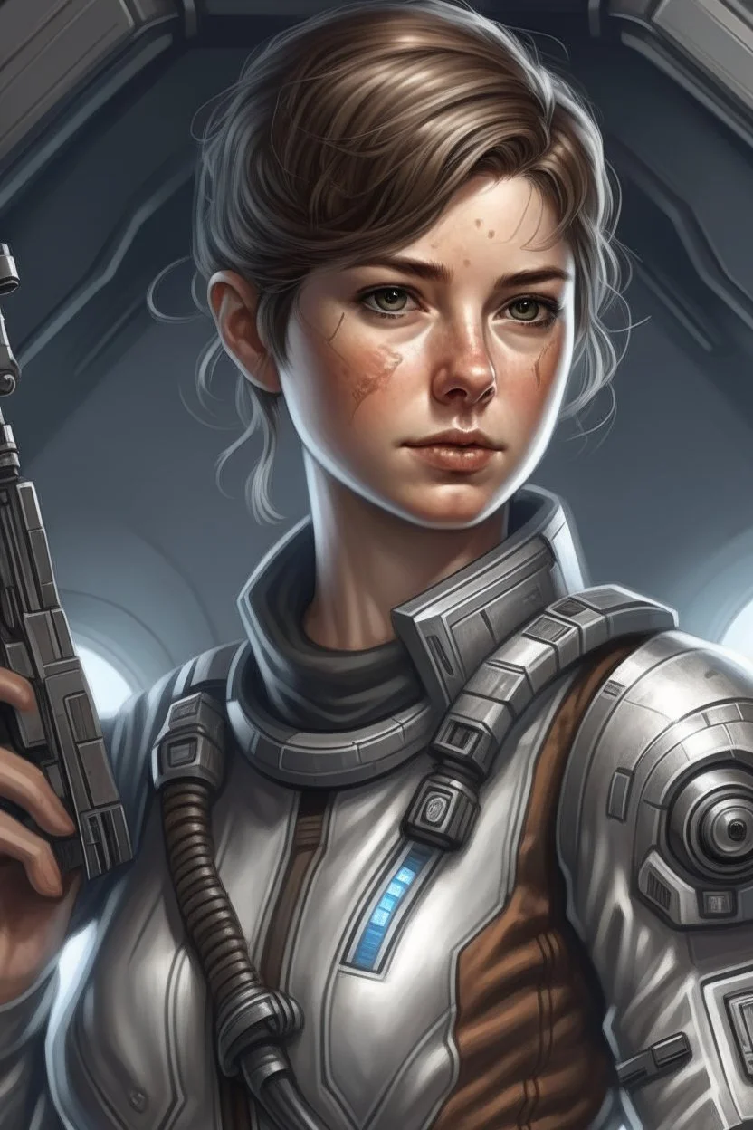 A young space warrior woman with freckles and short brown hair, wearing a silver jumpsuit and holding a pair of energy pistols