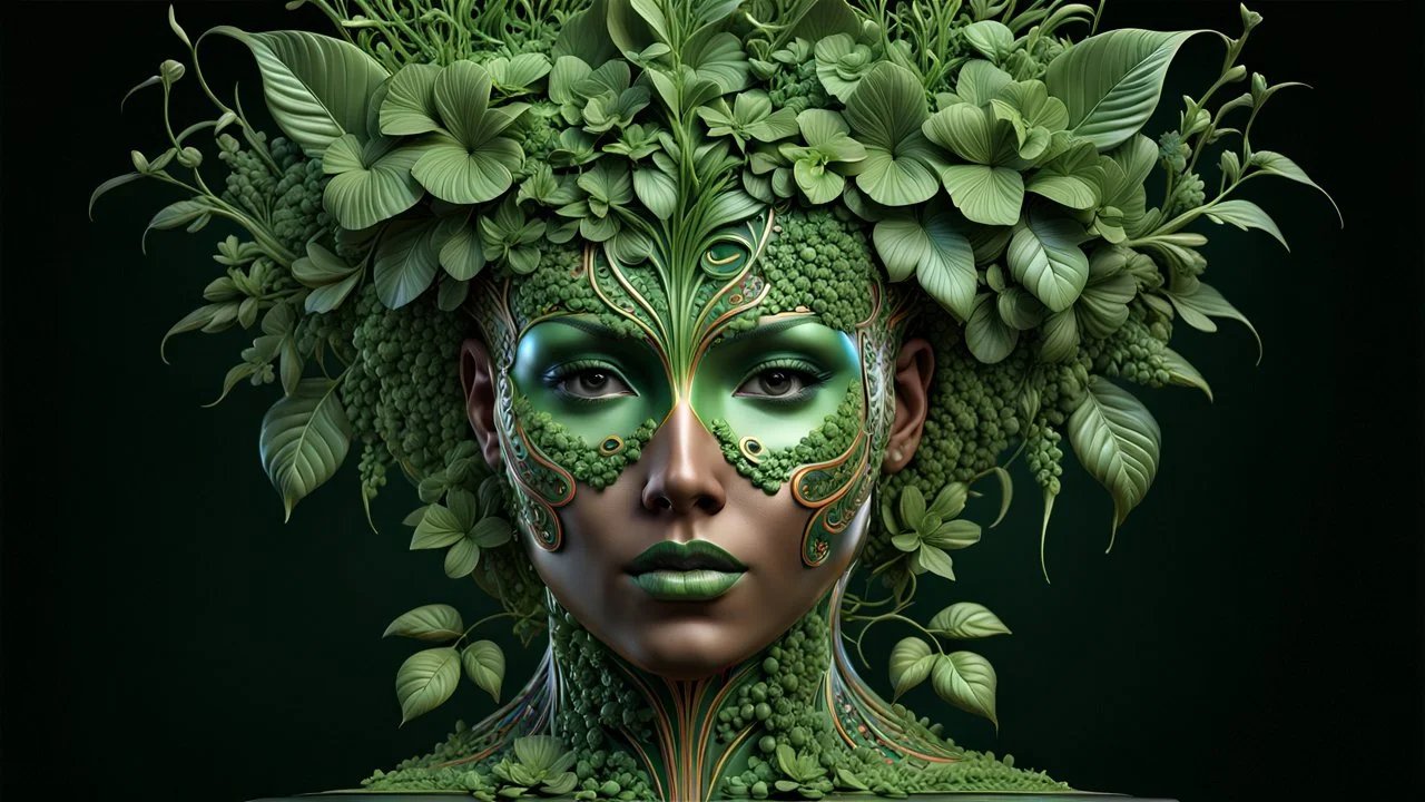 3D rendering of Expressively detailed and intricate of a hyperrealistic “ human head detailed with organic form”: front view, symetric, green glossy plant vines, anatomy, symmetric, scientific, baroque ornament, single object, vivid colour, black background, cosmic fractals, octane render, 8k post-production, dendritic, artstation: award-winning: professional portrait: atmospheric: commanding: fantastical: clarity: 16k: ultra quality: striking: brilliance: stunning colors: amazing depth