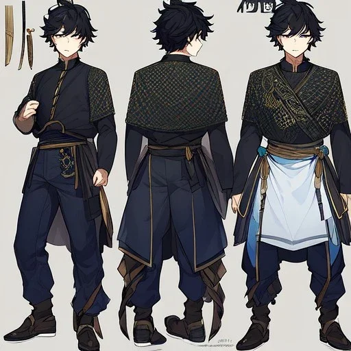 Character sheet, male, black hair, poor, cloth and leather clothes, pants