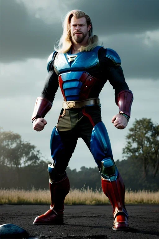 retro portrait image from 1960, sky background, wind, extra long blonde hair, fighting stance, young Chris Hemsworth, clean shave face, black dress, classic long tight lycra black suit, red cap, platinum lycra with scales on the arms, gold bracelet and belt, high boots, soft color, highly detailed, unreal engine 5, ray tracing, RTX, lumen lighting, ultra detail, volumetric lighting, 3d, finely drawn, high definition, high resolution.