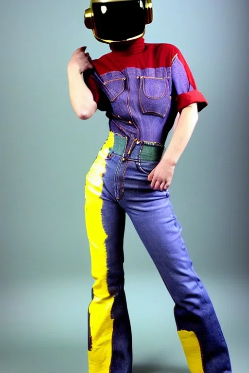 Photograph of a woman. Low waist jeans! bright blue jean,baggy, 1996!Huge plant prints on denim,terracotta,cream,purple,lilac. Cream colored latex parts. imperial yellow, red plum stripes, only on the top half of t-shirt. European daft punk woman. Mantle is sewed of recycled Denim and sewed together of recycled polymer felt. lace, Yellow(Munsell) areas. hint of orange as effect color!!Big bright purple/khaki felt tippet and cream or blue or lilac colored-hood. mantle is merged with cobalt bole