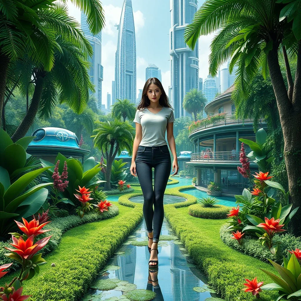 Highly detailed and intricate 3D fractal recursive art, featuring a single young woman/girl wearing fashionable modern clothing, walking directly towards the camera through a lush, futuristic villa garden. The garden is part of a larger technologically-advanced city, with towering skyscrapers and floating vehicles visible in the background. The garden itself is a verdant oasis, with exotic flora, flowing water features, and a seamless integration of natural and artificial elements. Holographic