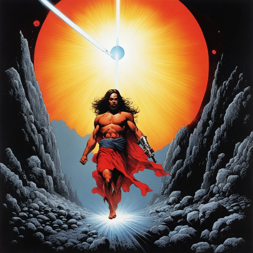 [art by Richard Corben] Jesus with a lightsaber opening the belly of the devil