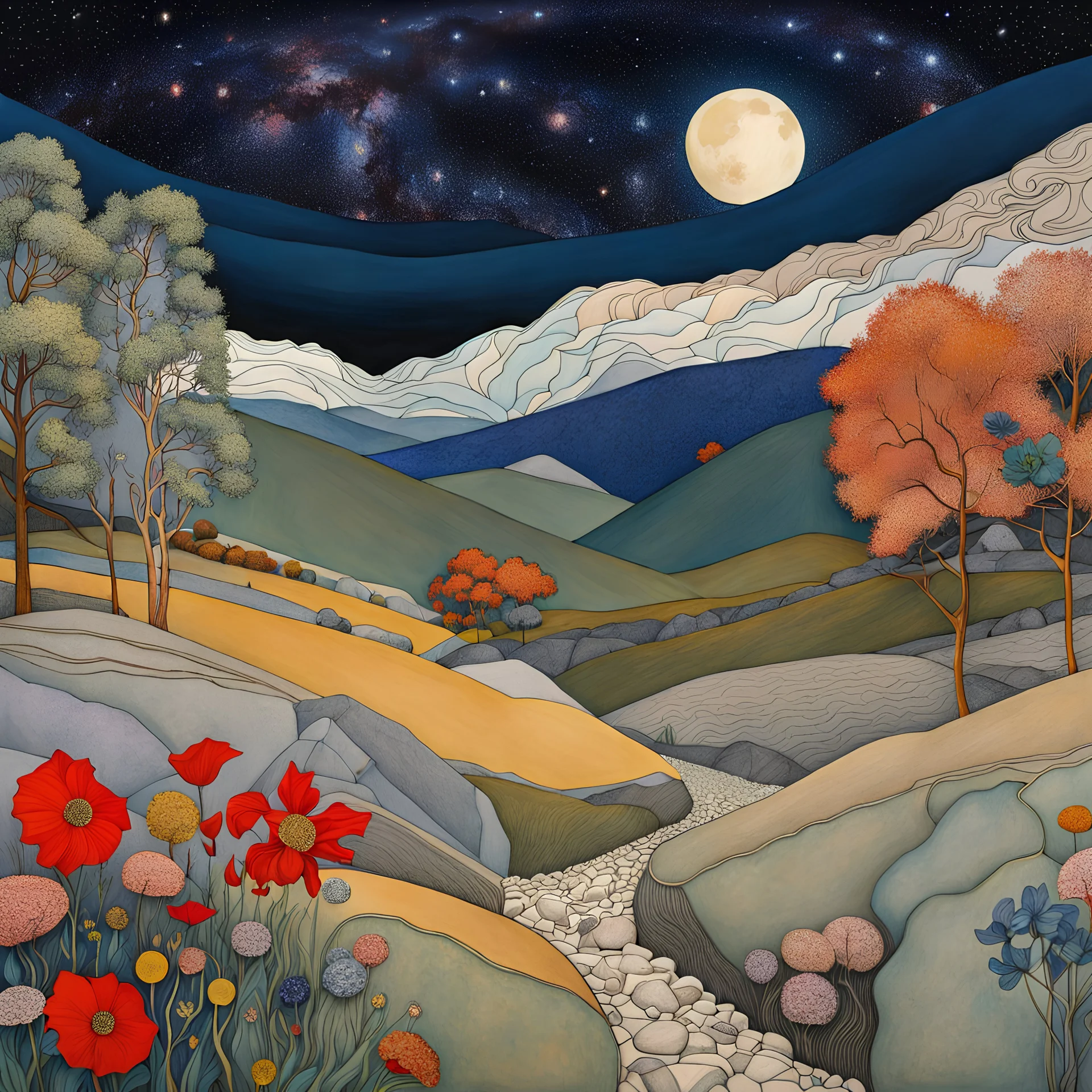 Colourful, peaceful, Egon Schiele, Max Ernst, night sky filled with galaxies and stars, rocks, trees, flowers, one-line drawing, sharp focus, 8k, deep 3d field, intricate, ornate